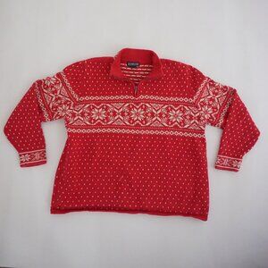 Lands End Red Fair Isle Snowflake Quarter Zip Nordic Ski Sweater XL